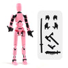 A pink multi-jointed shapeshifting puppet with various tools and accessories displayed next to it.