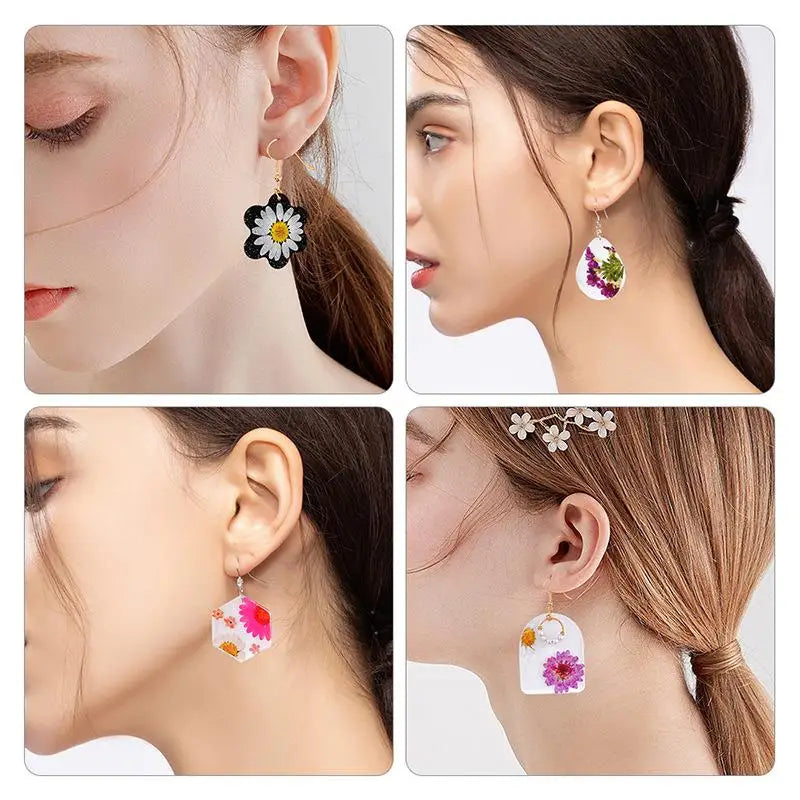 Close-up photos of floral silicone molds used to create resin earrings and pendants.