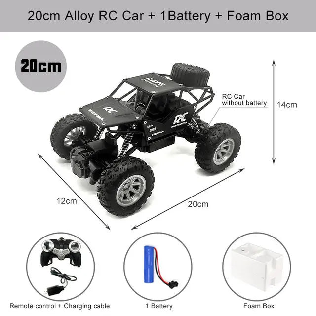 A 20cm Alloy RC Car with a battery and foam box shown from above.