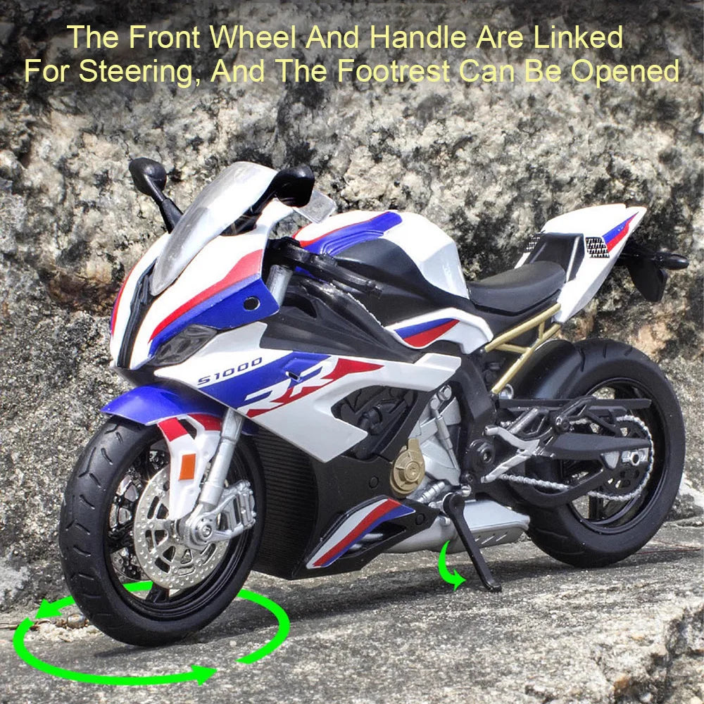 A white and blue sport motorcycle model with the front wheel and handle linked for steering and an open footrest.