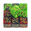 A set of ten acrylic six-sided counter dice in various shades of green and red.