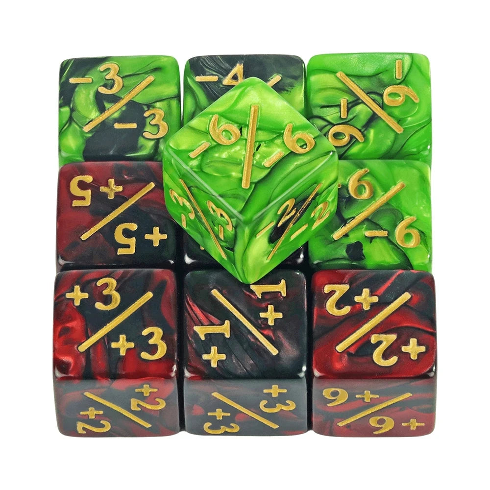 A set of ten acrylic six-sided counter dice in various shades of green and red.