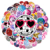 A circular arrangement of colorful disco and graffiti-themed stickers on a white background.