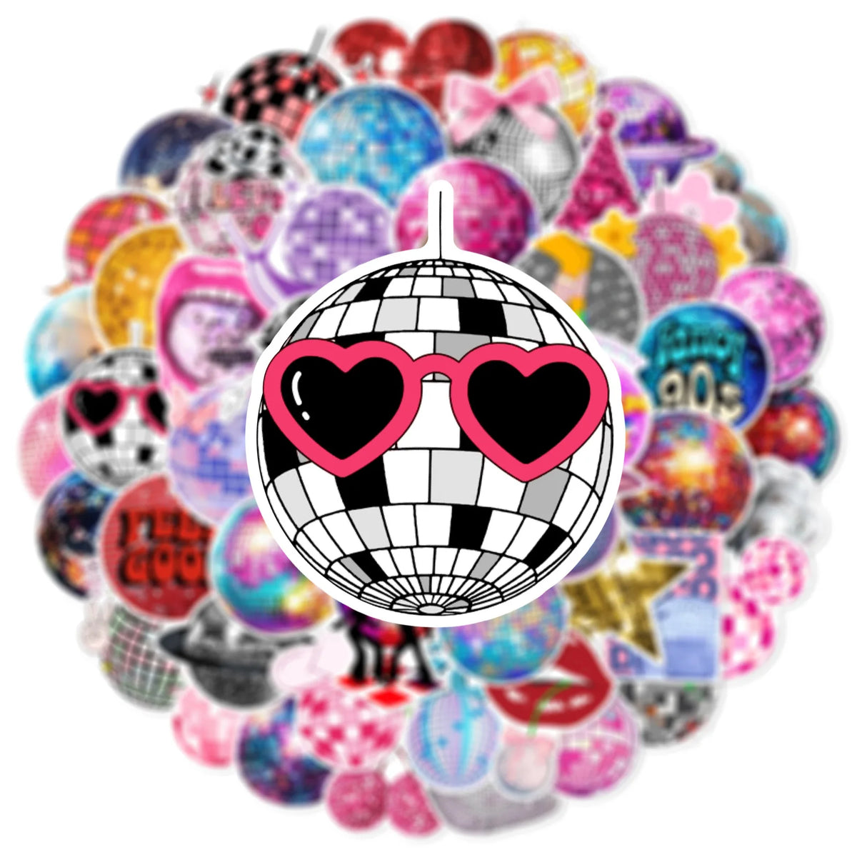 A circular arrangement of colorful disco and graffiti-themed stickers on a white background.