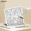 A black and white line art coloring page featuring a whimsical cartoon scene of houses and flowers, with an orange pen restin
