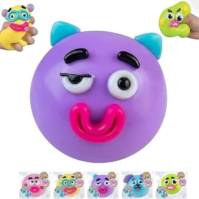 A collection of colorful dog face squishy stress relief toys featuring various breeds and expressions.