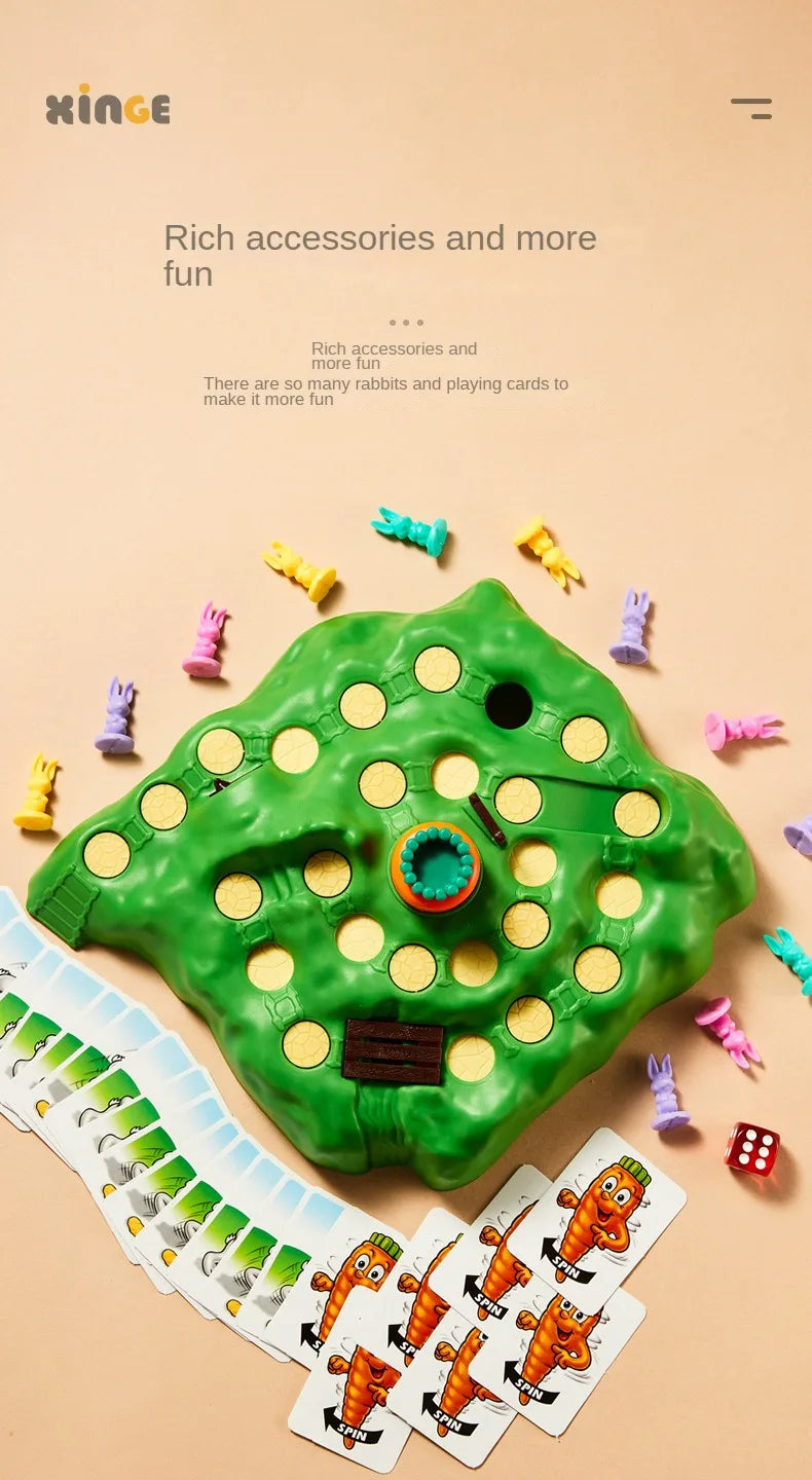 A green rabbit trap puzzle game board with various colorful plastic rabbit pieces and cards scattered around it.