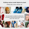A collection of knitted items including hats, socks, and scarves made by hand.