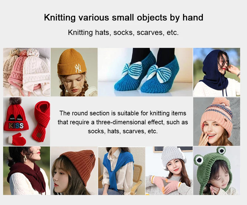 A collection of knitted items including hats, socks, and scarves made by hand.