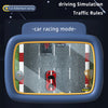 A blue steering wheel driving simulation game screen showing a red car racing on a road with traffic rules graphics.