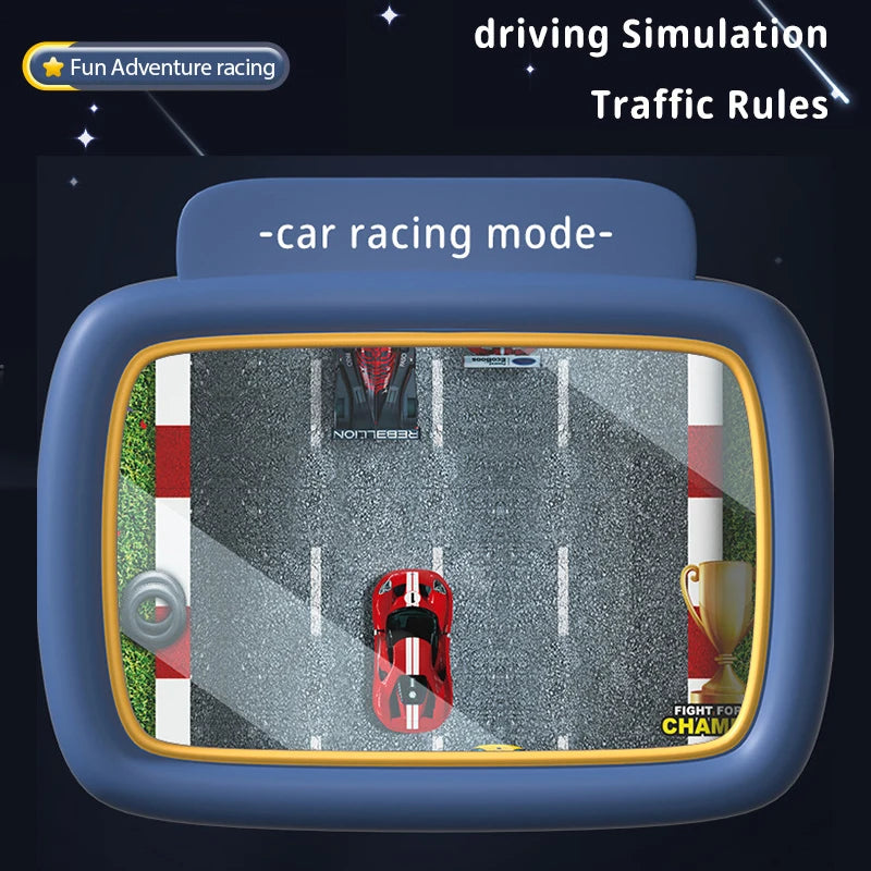 A blue steering wheel driving simulation game screen showing a red car racing on a road with traffic rules graphics.