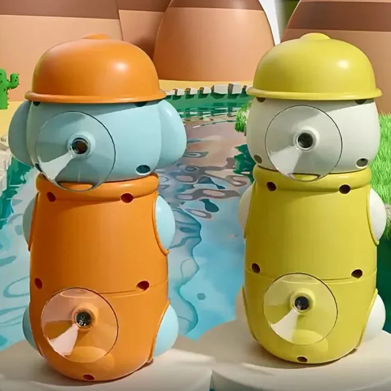 Two bath toys shaped like a duck and an elephant with suction cup waterwheels in orange and yellow colors.