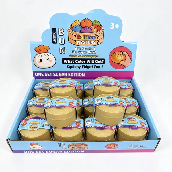 A box of One Set Sugar Edition squishy blind box featuring colorful simulated steamed buns.