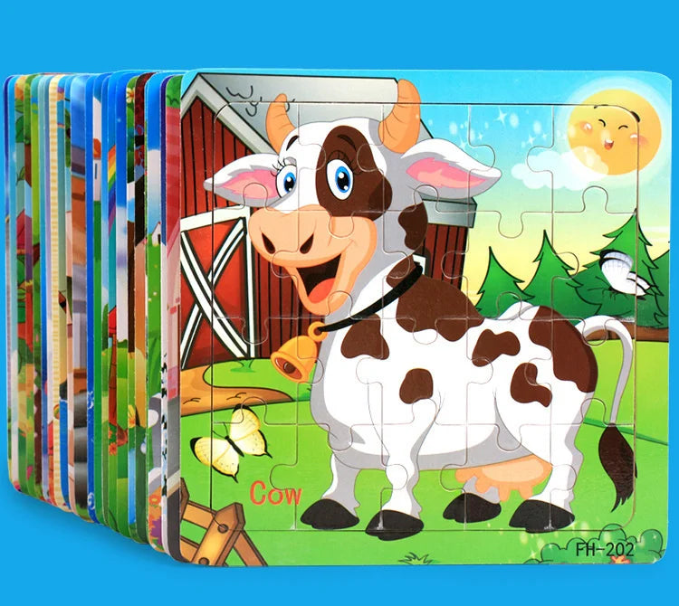 A jigsaw puzzle featuring a cartoon cow in a field with trees and a barn.