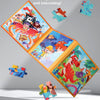 An open magnetic puzzle book showing colorful jigsaw pieces featuring vehicle, ocean, and dinosaur themes.