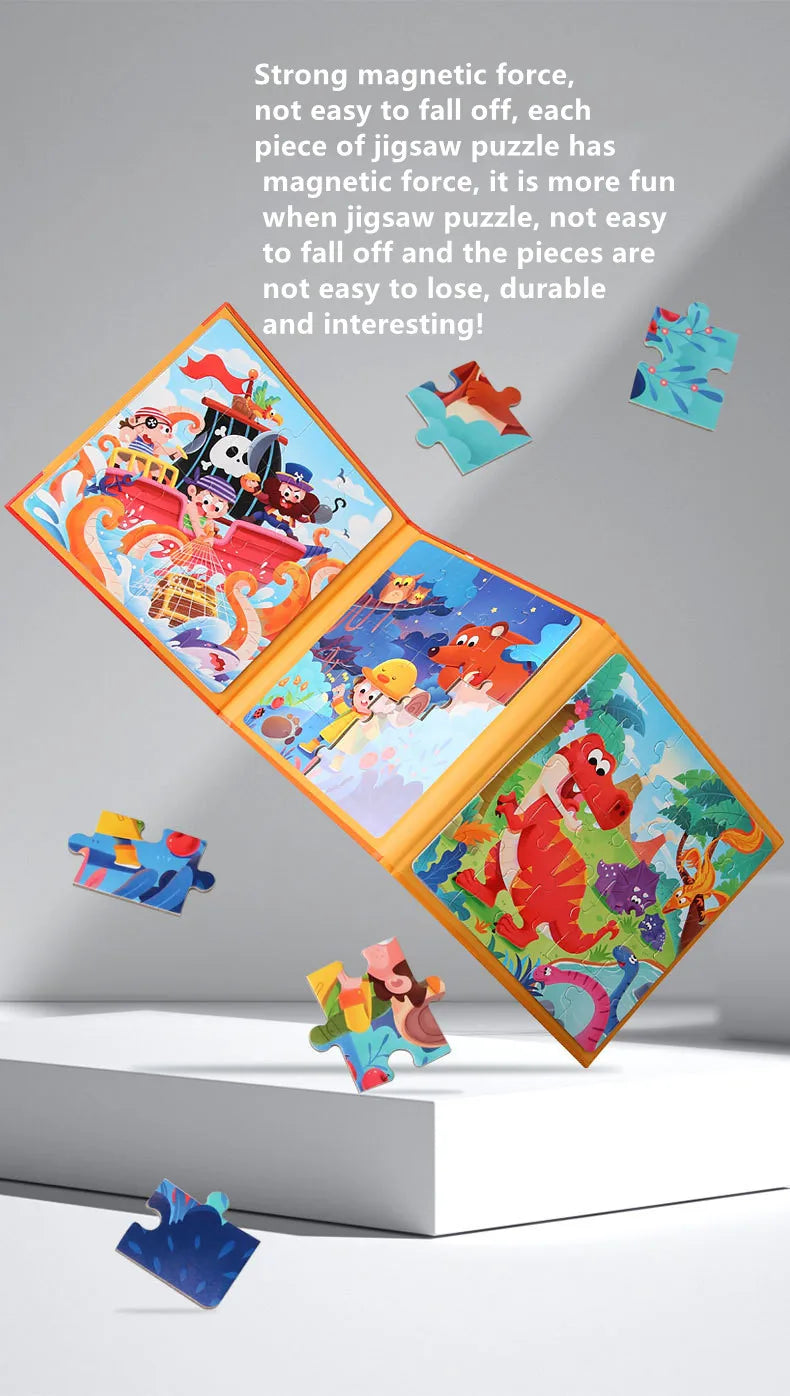 An open magnetic puzzle book showing colorful jigsaw pieces featuring vehicle, ocean, and dinosaur themes.