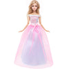 Elegant evening gown for a doll featuring a pink and lavender tulle skirt and a sparkling bodice