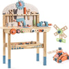 A wooden kids workbench featuring various tools and wooden blocks for play