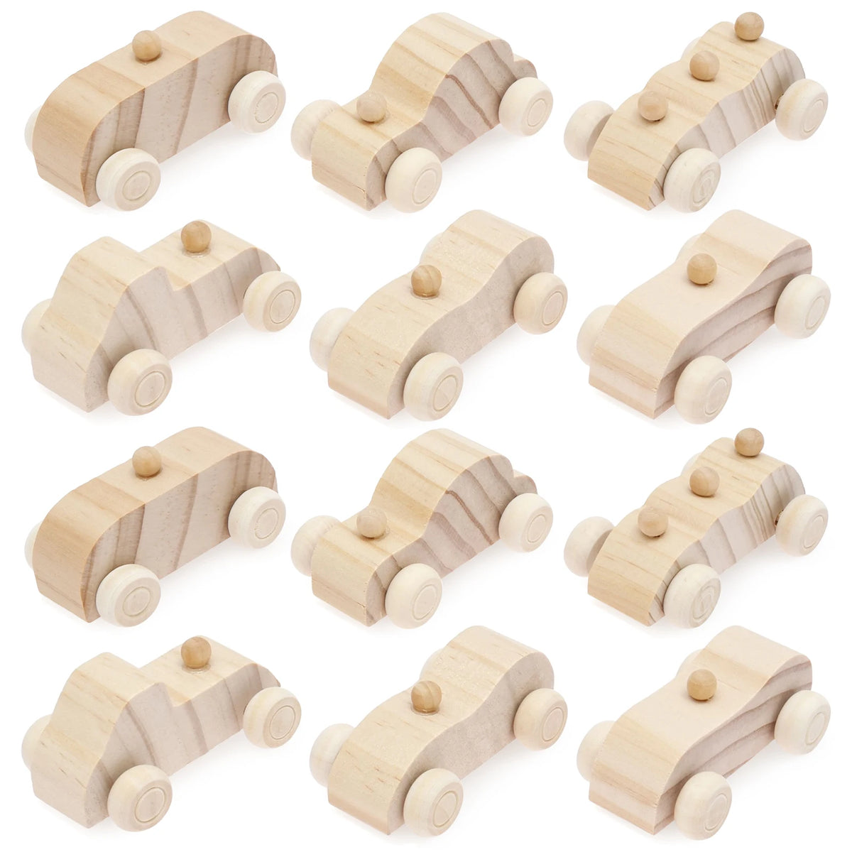 A set of unfinished wooden race cars for kids, shown from various angles.