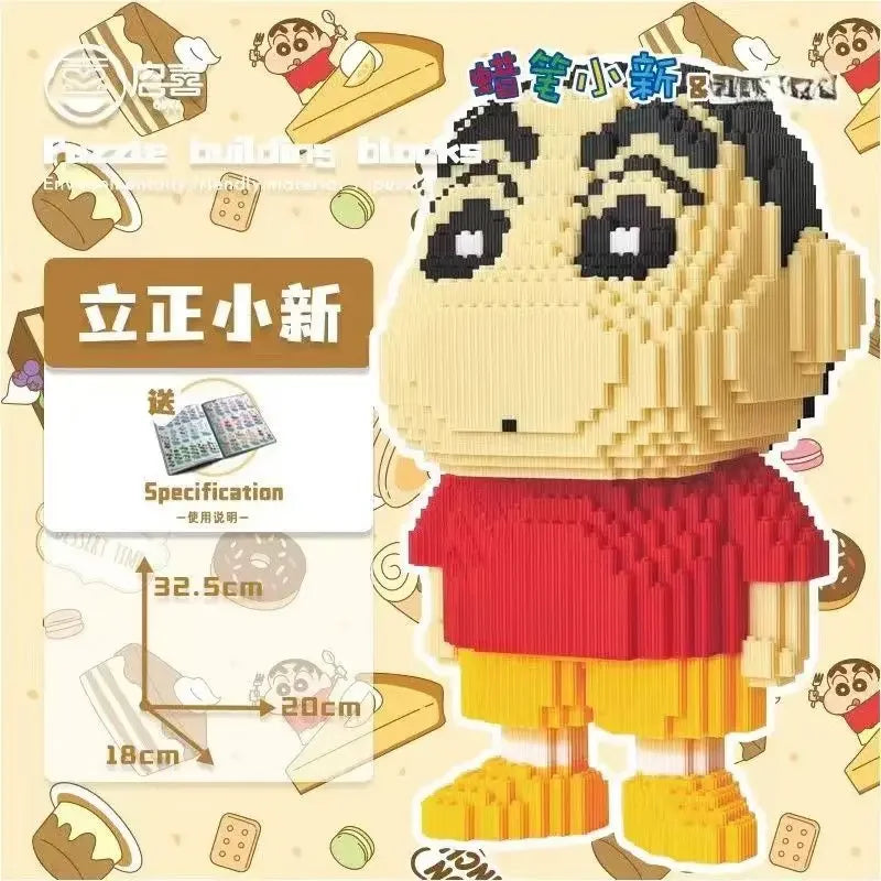 A detailed mini building blocks model kit featuring a figure in yellow and red clothing, shown with scale measurements.