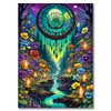 A vibrant diamond painting featuring an owl skeleton mosaic art design with glowing eyes and a celestial background.