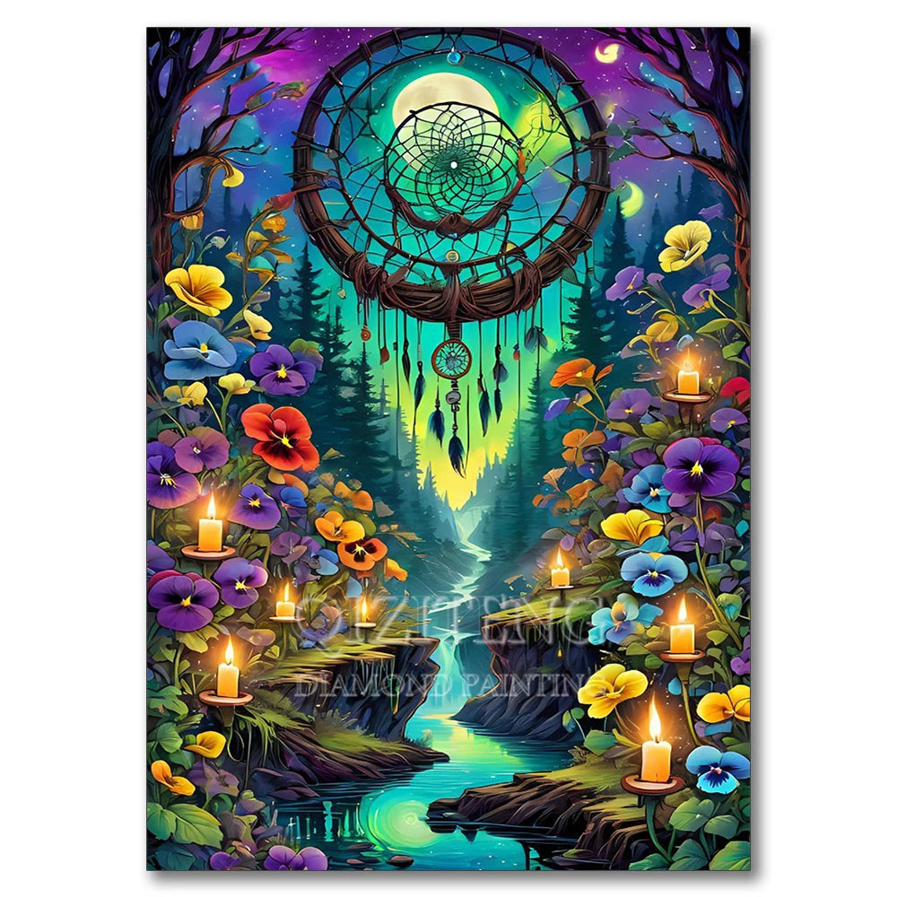 A vibrant diamond painting featuring an owl skeleton mosaic art design with glowing eyes and a celestial background.