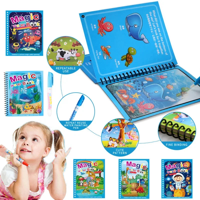 A colorful magic water coloring book set with illustrations of sea creatures and animals for toddlers.