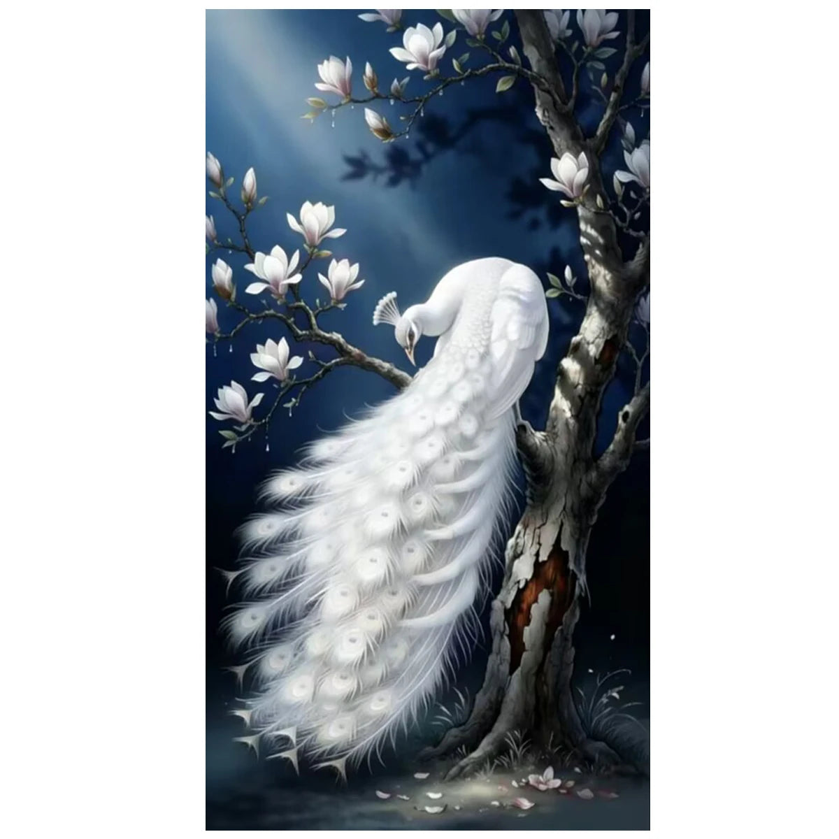 A white peacock with a long tail is perched on a tree branch surrounded by magnolia blossoms.