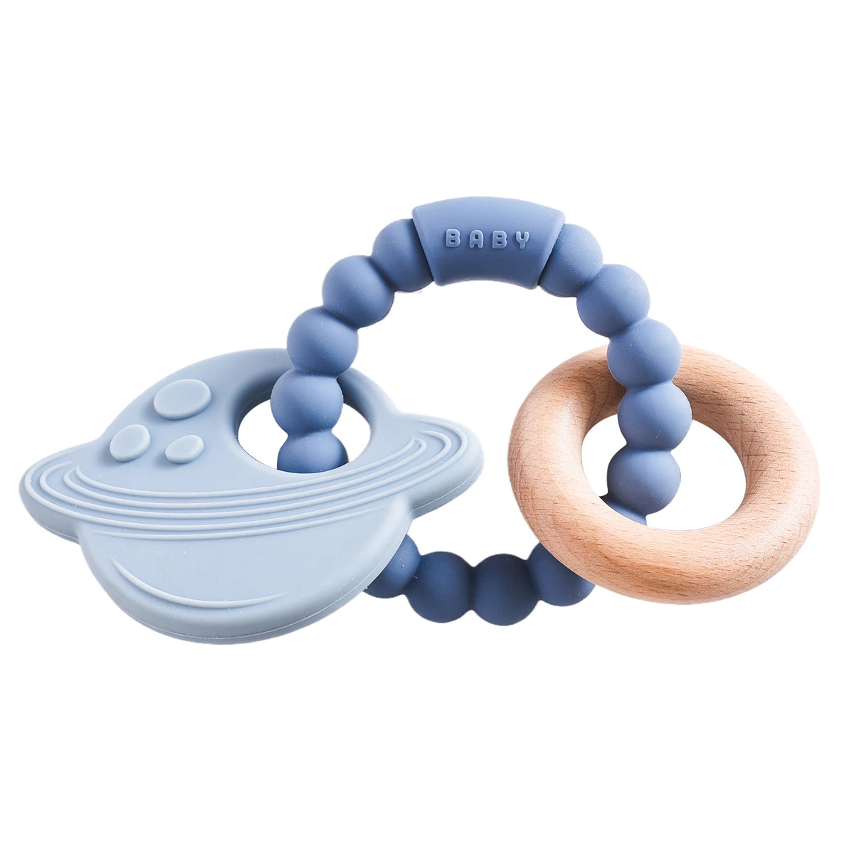 A food-grade silicone planet teether for babies in light blue and natural wood colors.