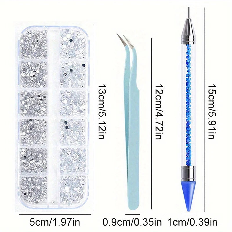 A set of multi-size flat back acrylic rhinestones in various sizes and colors for nail art and DIY crafts.