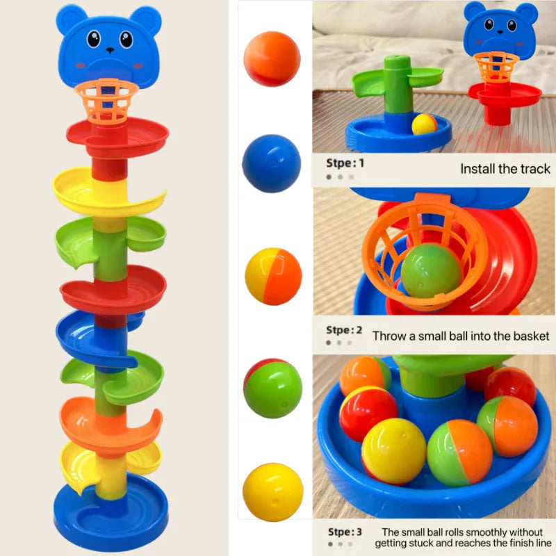 An interactive ball tower with colored balls and a drop mechanism used for play.