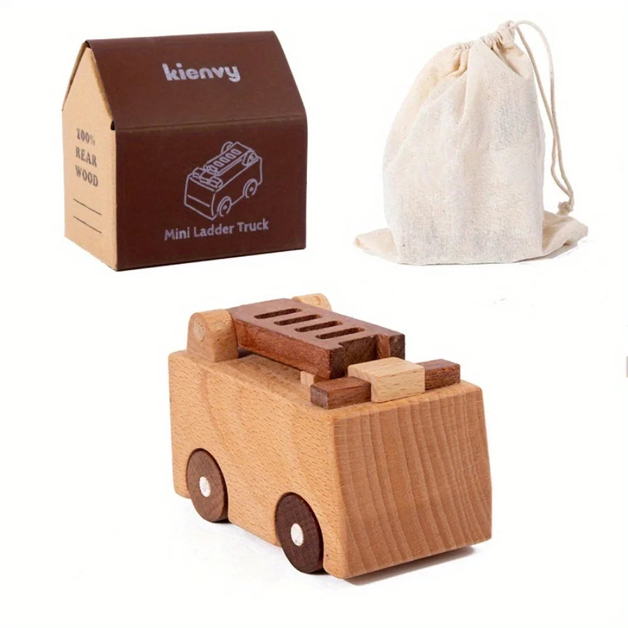 Une boîte en carton marron étiquetée kienvy contenant un mini camion échelle et un ensemble de véhicules en bois solide.