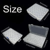 A clear plastic diamond painting bead storage case shown in various sizes, including a flat tray and an open lid container.