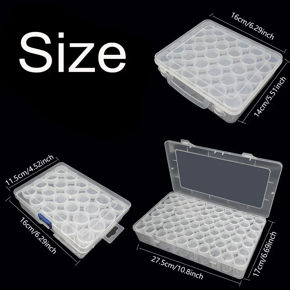 A clear plastic diamond painting bead storage case shown in various sizes, including a flat tray and an open lid container.