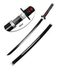 A black replica katana sword with a silver blade and a black handle, shown against a white background.