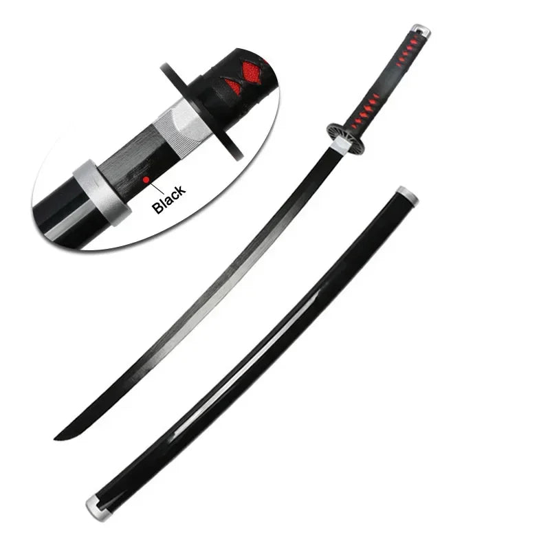 A black replica katana sword with a silver blade and a black handle, shown against a white background.