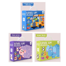 A set of Level Up puzzles featuring various animals, including a dinosaur and a farm bus.
