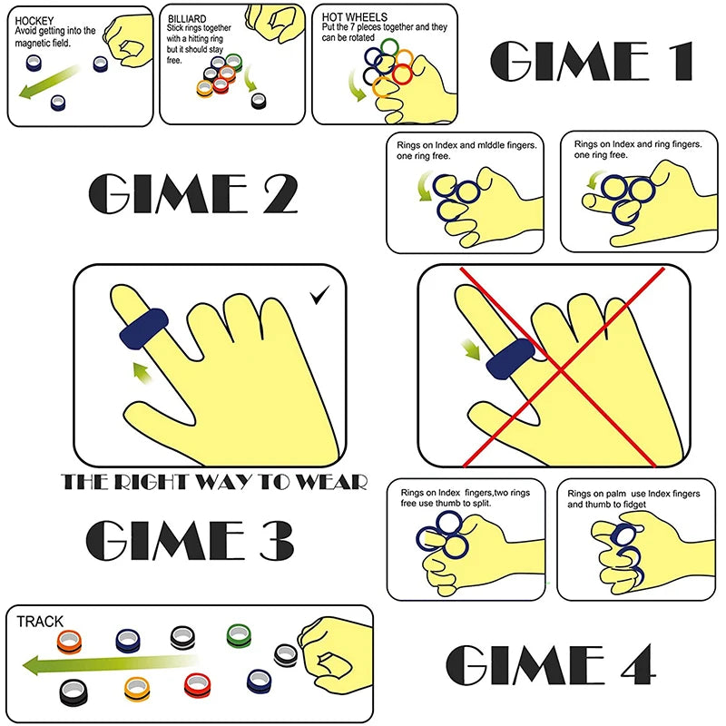 A set of four diagrams illustrating different ways to use magnetic fidget rings for anxiety relief.