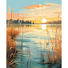A serene landscape painting featuring a sunset over water with tall reeds and distant trees.