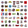A collection of various rock and roll band stickers featuring logos and imagery.