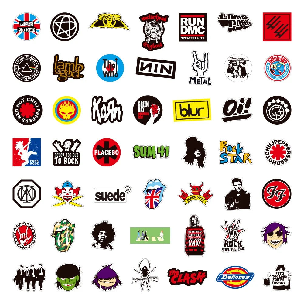 A collection of various rock and roll band stickers featuring logos and imagery.