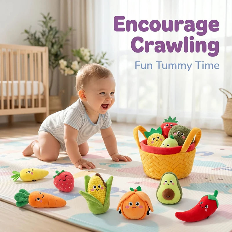 A set of colorful plush sorting toys shaped like fruits and vegetables for encouraging crawling and tummy time.