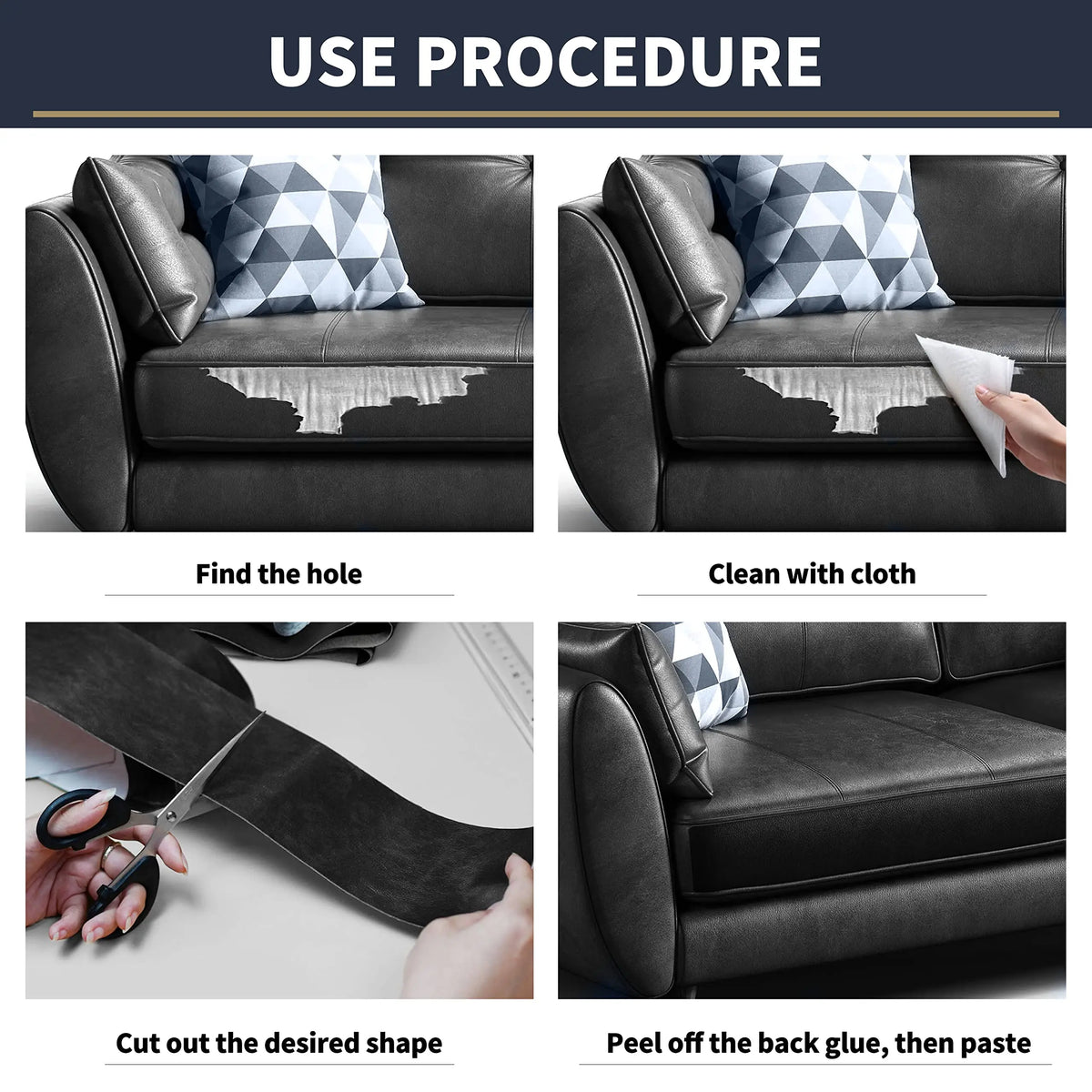 Procedure showing how to use self-adhesive leather repair patches to fix holes in furniture.