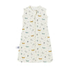 A cream-colored sleeveless baby sleeping bag with a repeating pattern of small animal silhouettes.