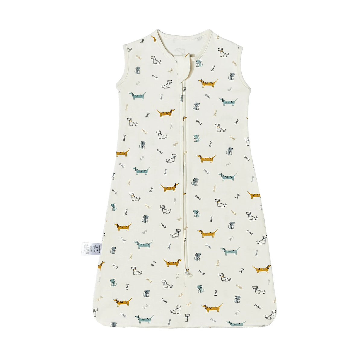 A cream-colored sleeveless baby sleeping bag with a repeating pattern of small animal silhouettes.