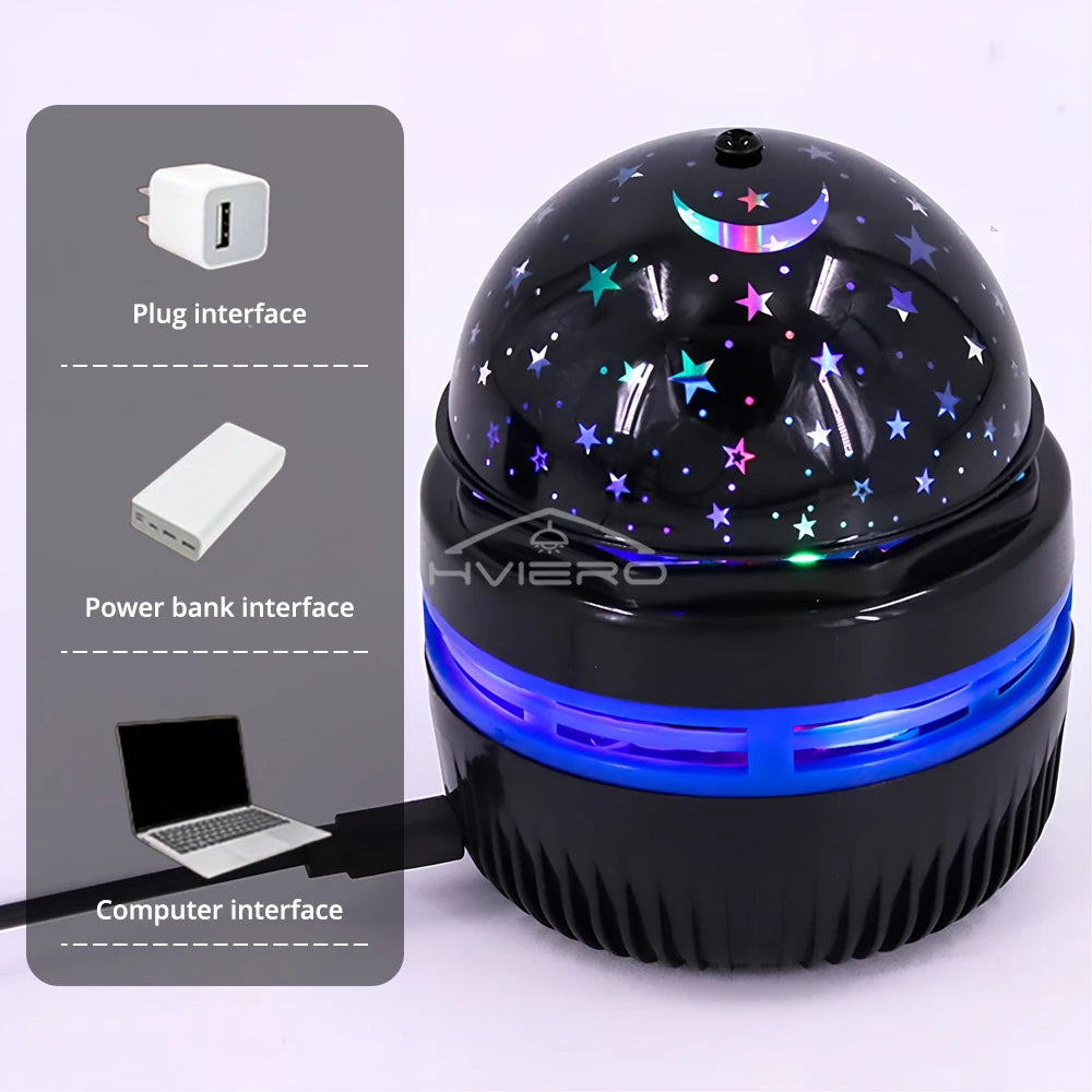 A black star projector light is shown with various interfaces for plug, power bank, and computer connection.
