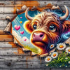 A detailed diamond painting of a majestic brown and orange horned cow's face with vibrant fur and large eyes.