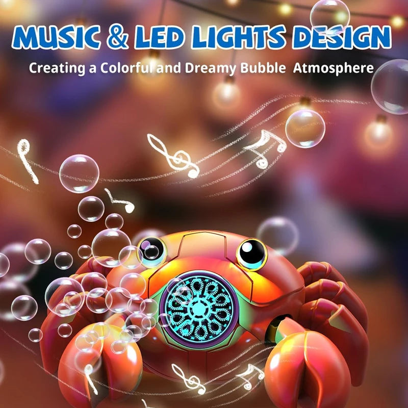 Robot crabe automatique avec lumières bleues lumineuses et notes de musique entourées de bulles colorées.