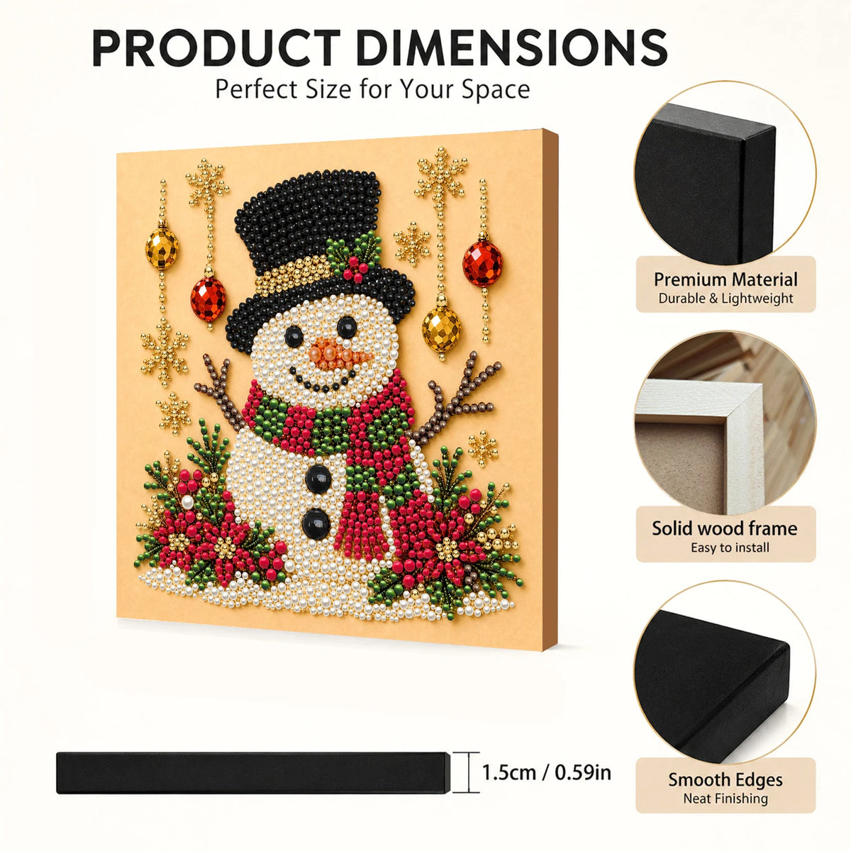 Framed Christmas snowman art kit featuring pearl and diamond elements on a canvas board