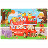 A 30-piece wooden jigsaw puzzle featuring an animal and vehicle scene with various jungle and zoo animals.